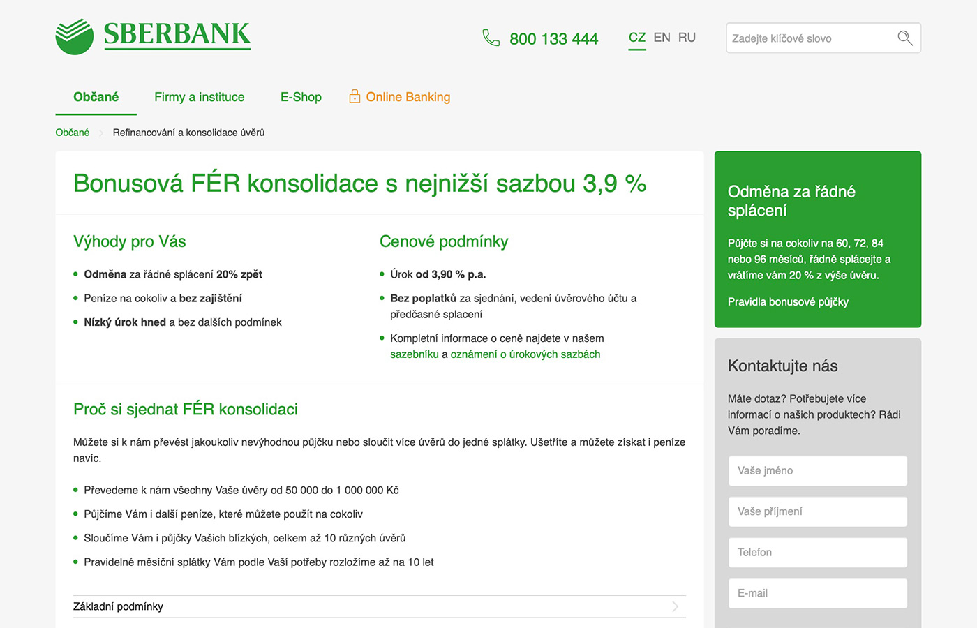 Webové stránky https://www.sberbankcz.cz/obcane/refinancovani-a-konsolidace-uveru