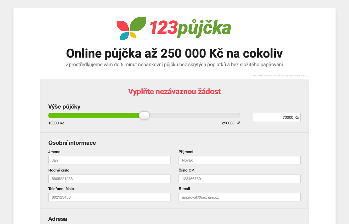 Webové stránky https://www.123pujcka.cz